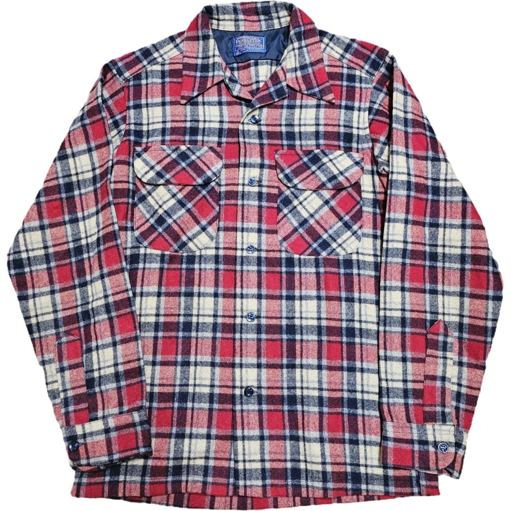 Vintage 80s Pendleton Men's S Red Blue Plaid Virgin Wool Button Front Shirt